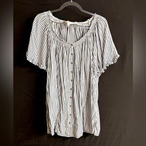 Terra & Sky Soft Linen Tunic Top Size 2X Flutter Sleeves Blue White Stripe